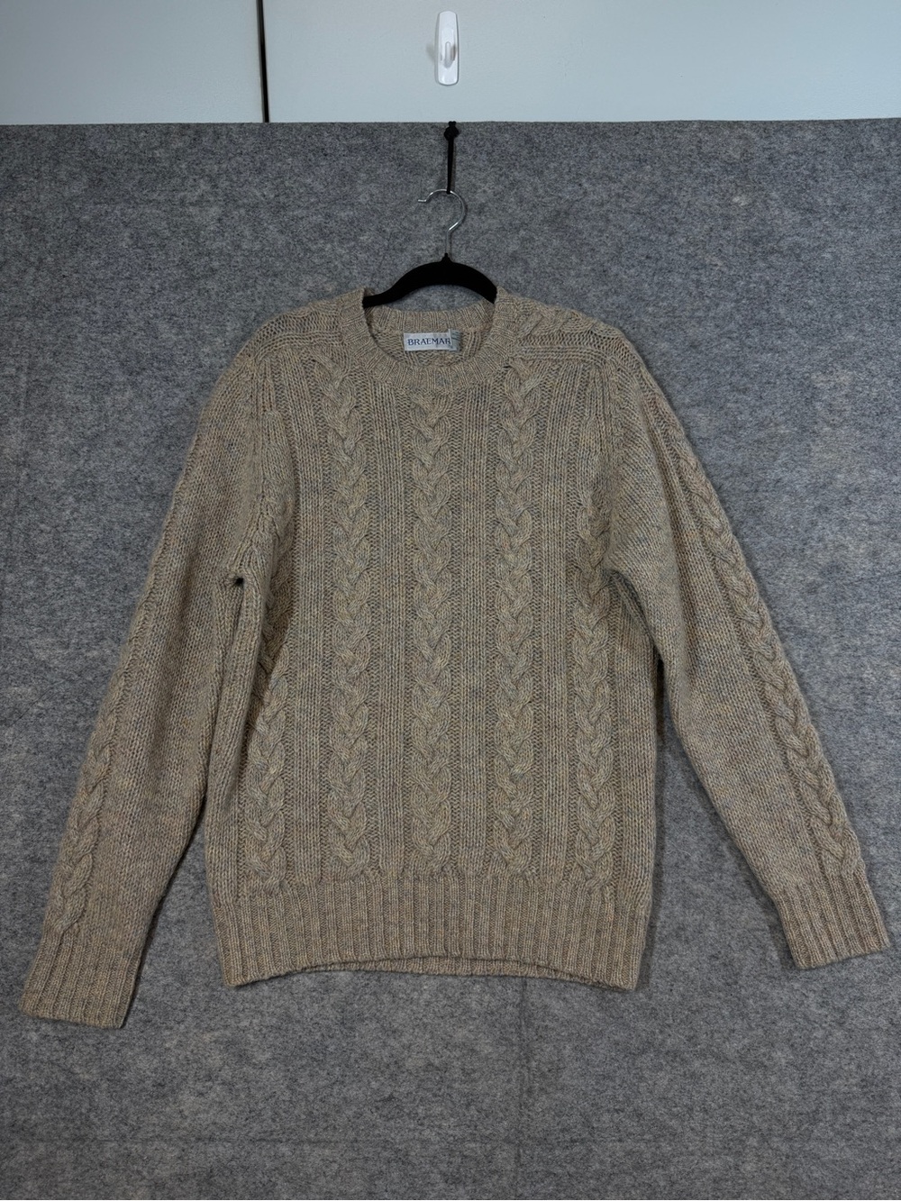 Vintage Scottish Shetland Wool Cable Knit Sweater Beige Medium Fisherman Cozy